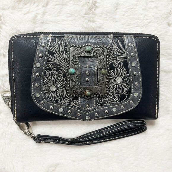 Rustic‎ Coutures Western Black Buckle And Turquoise Accents Zip Wallet Wristlet - Picture 1 of 14